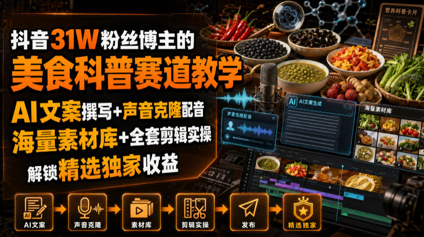 抖音31W粉丝博主的美食科普赛道教学，AI文案撰写+声音克隆配音+剪辑实操，解锁精选独家收益亿创资源网_优质资源分享平台_一站式资源获取亿创资源网 | 优质资源分享平台_一站式资源获取