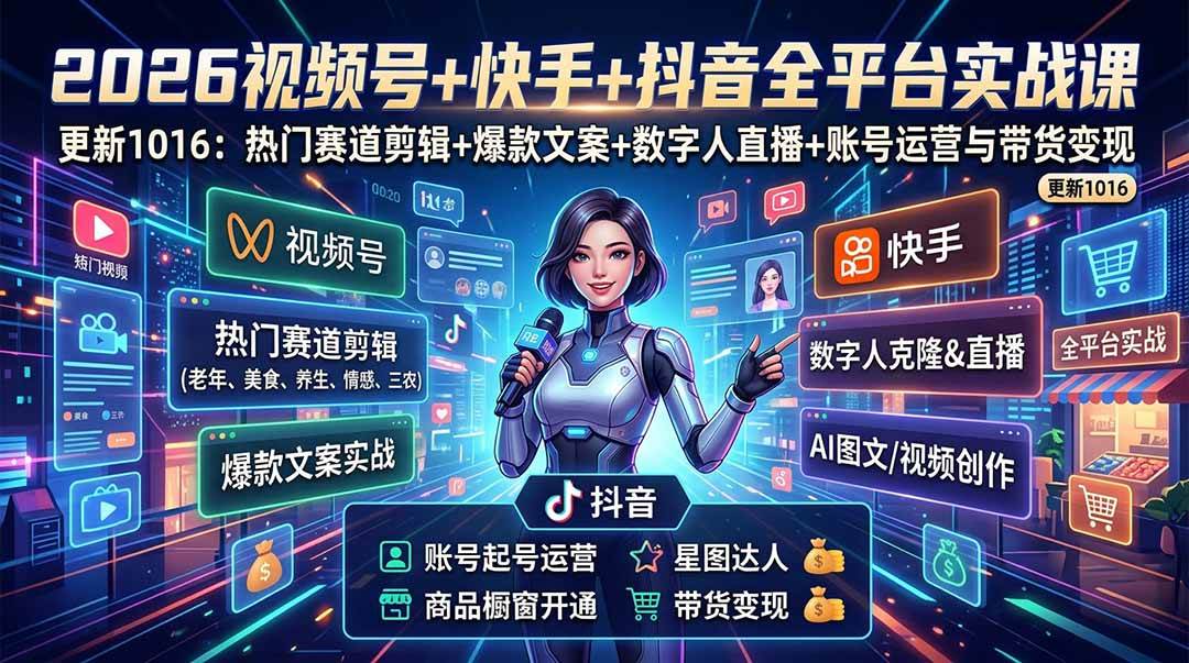 (20997期)视频号+快手+抖音三大平台的全栈剪辑+数字人直播实战课-3月更新:快速实现短视频变现亿创资源网_优质资源分享平台_一站式资源获取亿创资源网 | 优质资源分享平台_一站式资源获取