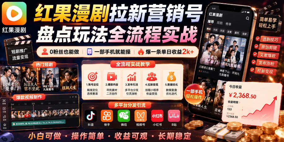 红果漫剧拉新营销号盘点玩法全流程实战，0粉丝也能做，一部手机就能做，爆一条单日收益2k+（更新0922）亿创资源网_优质资源分享平台_一站式资源获取亿创资源网 | 优质资源分享平台_一站式资源获取
