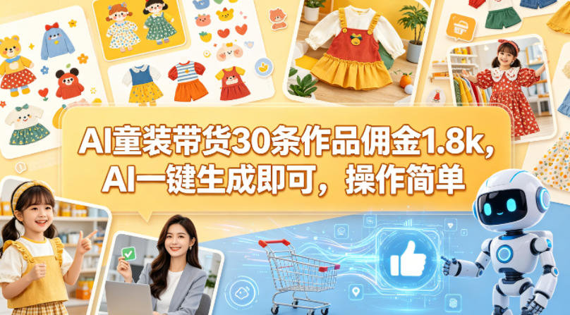 AI童装带货30条作品佣金1.8k，AI一键生成即可，操作简单亿创资源网_优质资源分享平台_一站式资源获取亿创资源网 | 优质资源分享平台_一站式资源获取