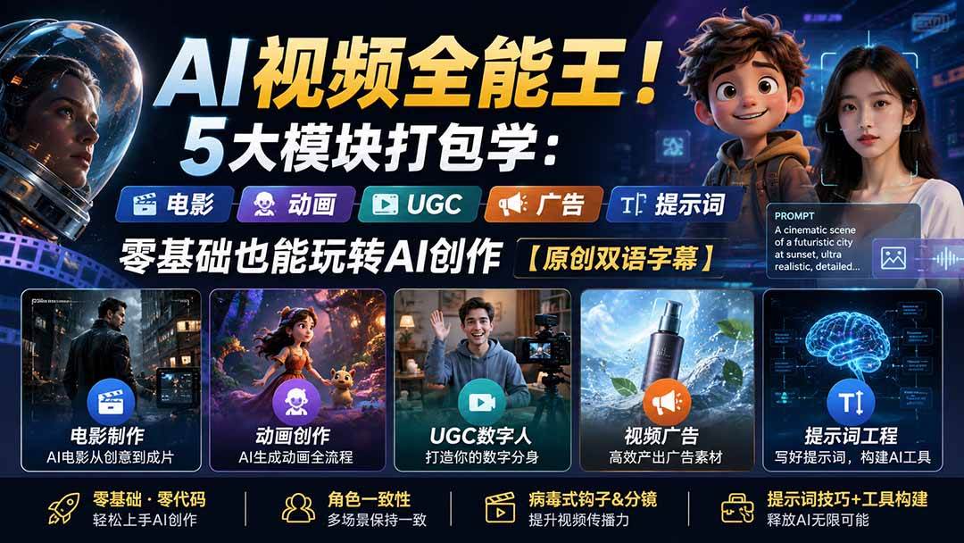 （20048期）AI视频全能王！5大模块打包学：电影、动画、UGC、广告、提示词，零基础也能玩转AI创作【原创双语字幕】亿创资源网_优质资源分享平台_一站式资源获取亿创资源网 | 优质资源分享平台_一站式资源获取
