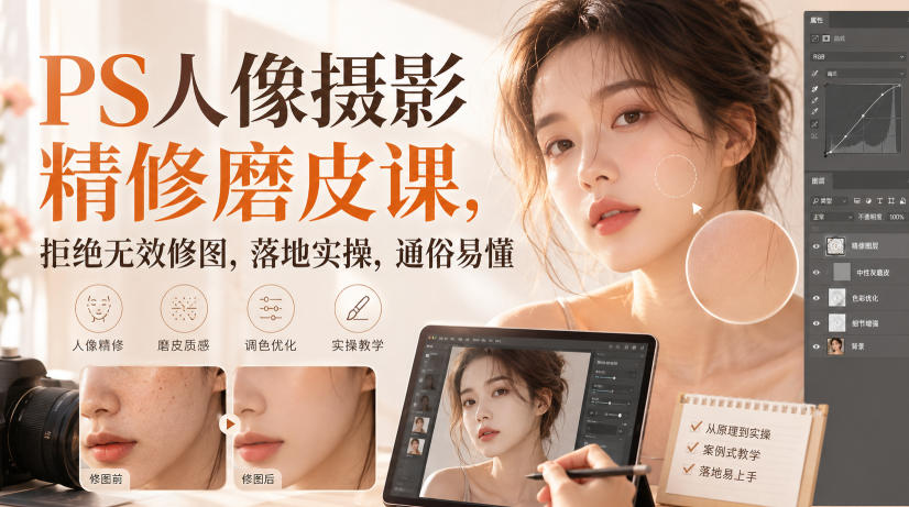 PS人像摄影精修磨皮课，拒绝无效修图，落地实操，通俗易懂亿创资源网_优质资源分享平台_一站式资源获取亿创资源网 | 优质资源分享平台_一站式资源获取