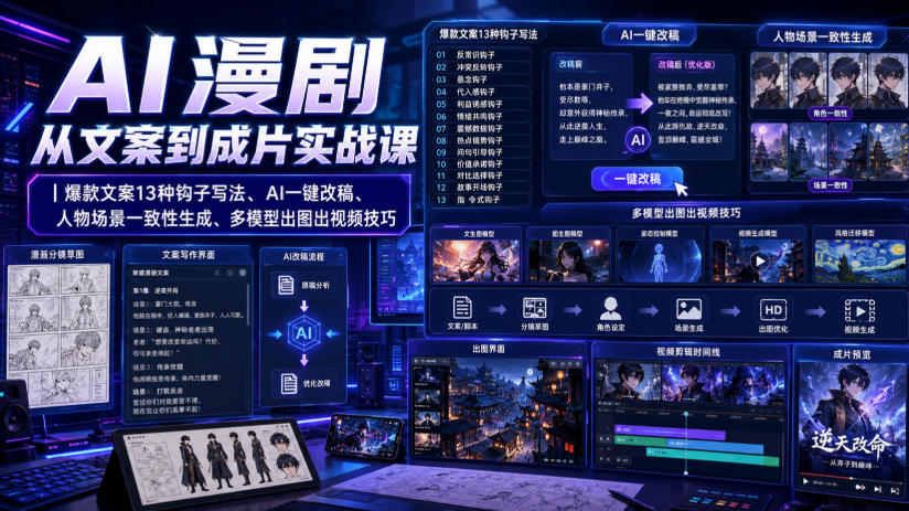 AI漫剧从文案到成片实战课｜爆款文案13种钩子写法、AI一键改稿、人物场景一致性生成、多模型出图出视频技巧亿创资源网_优质资源分享平台_一站式资源获取亿创资源网 | 优质资源分享平台_一站式资源获取