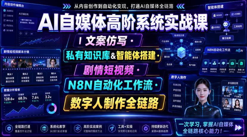 AI自媒体高阶系统实战课｜文案仿写・私有知识库&智能体搭建・剧情短视频・N8N自动化工作流・数字人制作全链路亿创资源网_优质资源分享平台_一站式资源获取亿创资源网 | 优质资源分享平台_一站式资源获取
