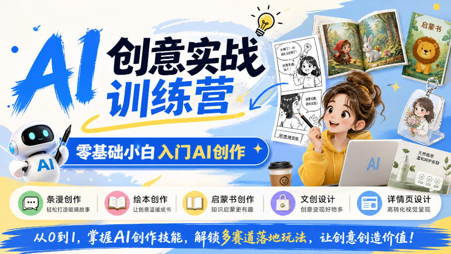 AI创意实战训练营，零基础小白入门AI创作，解锁条漫、绘本、启蒙书、文创、详情页多赛道落地玩法亿创资源网_优质资源分享平台_一站式资源获取亿创资源网 | 优质资源分享平台_一站式资源获取