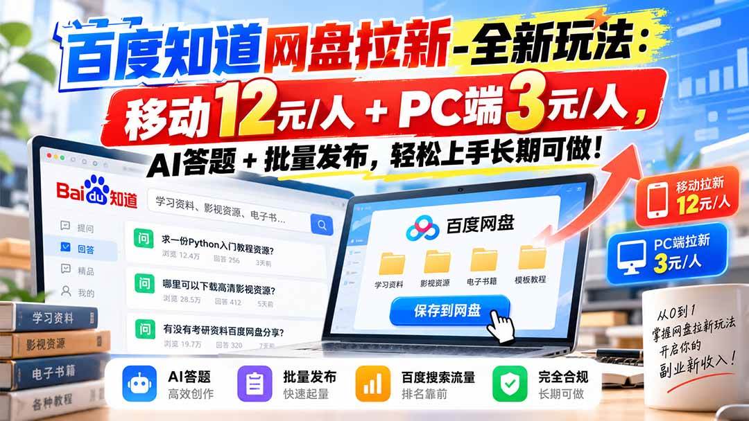 （20794期）百度知道网盘拉新-全新玩法：移动12元/人+PC端3元/人，AI答题+批量发布，轻松上手长期可做！亿创资源网_优质资源分享平台_一站式资源获取亿创资源网 | 优质资源分享平台_一站式资源获取