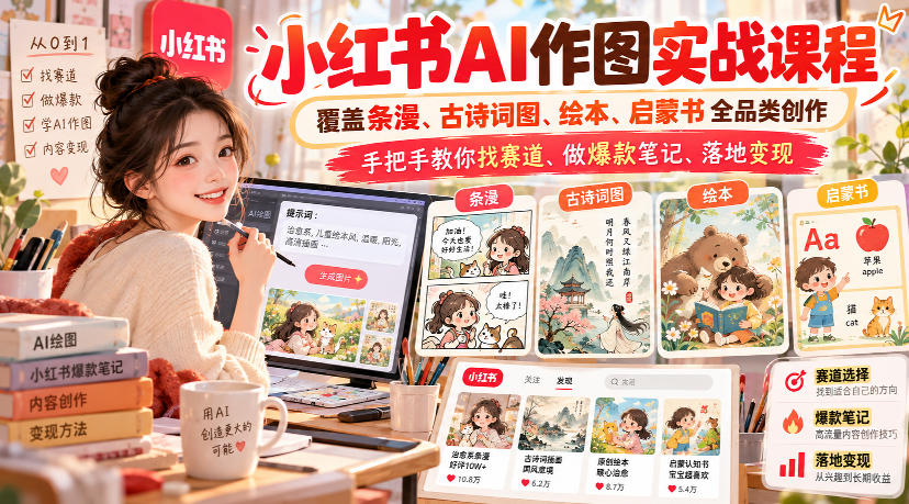 小红书AI作图实战课程，覆盖条漫、古诗词图、绘本、启蒙书全品类创作，手把手教你找赛道、做爆款笔记、落地变现亿创资源网_优质资源分享平台_一站式资源获取亿创资源网 | 优质资源分享平台_一站式资源获取