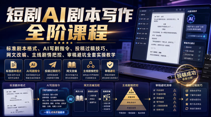 短剧AI剧本写作全阶课程｜标准剧本格式、AI写剧指令、投稿过稿技巧、网文改编、主线剧情把控、审稿避坑全套实操教学亿创资源网_优质资源分享平台_一站式资源获取亿创资源网 | 优质资源分享平台_一站式资源获取