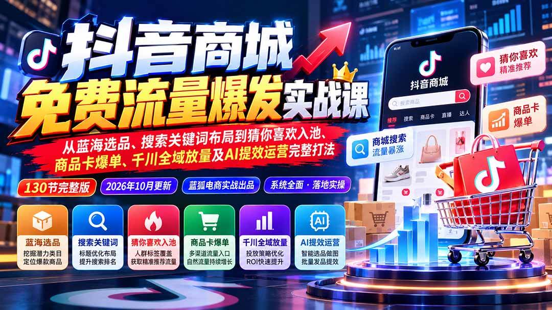 （20959期）抖音商城免费流量爆发实战：从蓝海选品、搜索关键词布局到猜你喜欢入池、商品卡爆单、千川全域放量及AI提效完整打法亿创资源网_优质资源分享平台_一站式资源获取亿创资源网 | 优质资源分享平台_一站式资源获取