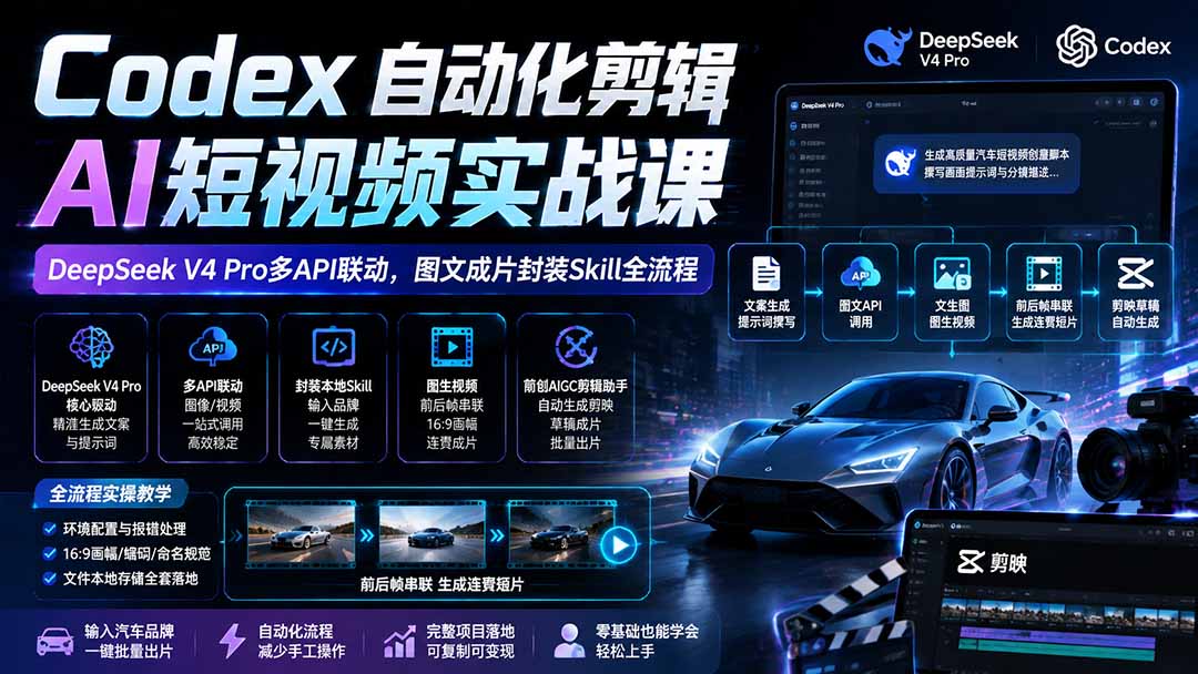 Codex自动化剪辑AI短视频实战课｜DeepSeek V4 Pro多API联动，图文成片封装Skill全流程亿创资源网_优质资源分享平台_一站式资源获取亿创资源网 | 优质资源分享平台_一站式资源获取