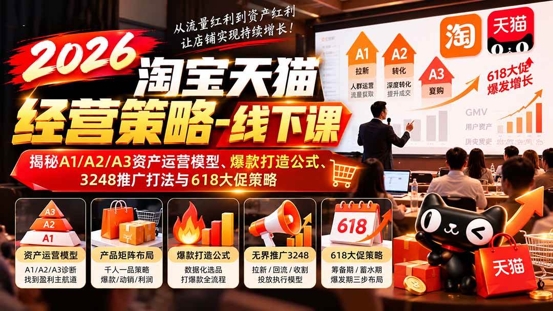 （20912期）2026淘宝天猫经营策略-线下课：揭秘A1/A2/A3资产运营模型、爆款打造公式、3248推广打法与618大促策略亿创资源网_优质资源分享平台_一站式资源获取亿创资源网 | 优质资源分享平台_一站式资源获取