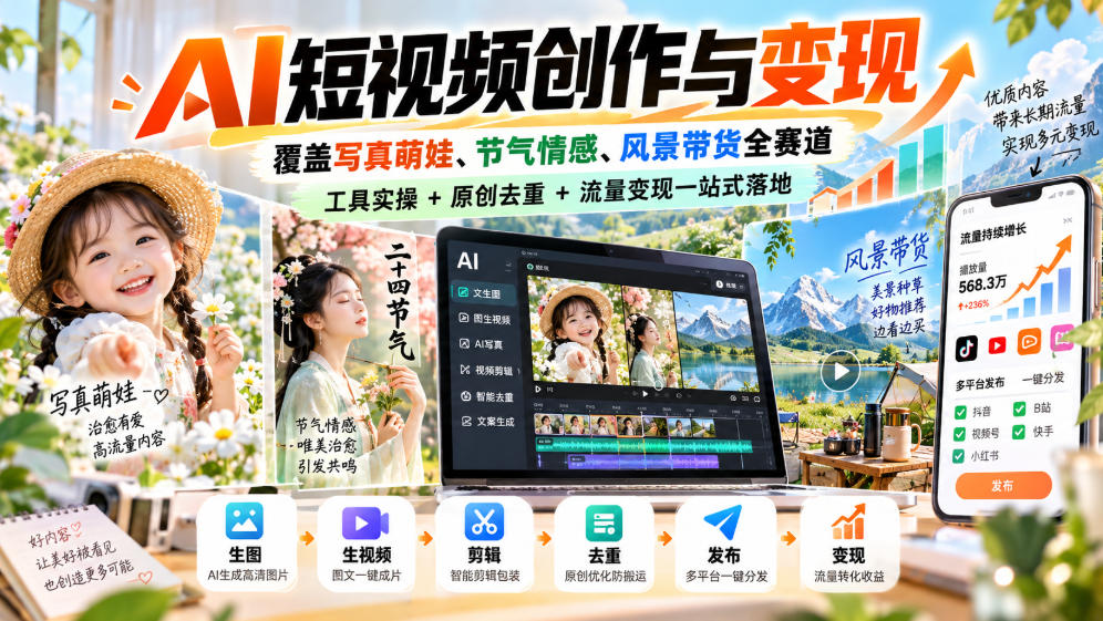 AI短视频创作与变现，覆盖写真萌娃、节气情感、风景带货全赛道，工具实操+原创去重+流量变现一站式落地亿创资源网_优质资源分享平台_一站式资源获取亿创资源网 | 优质资源分享平台_一站式资源获取