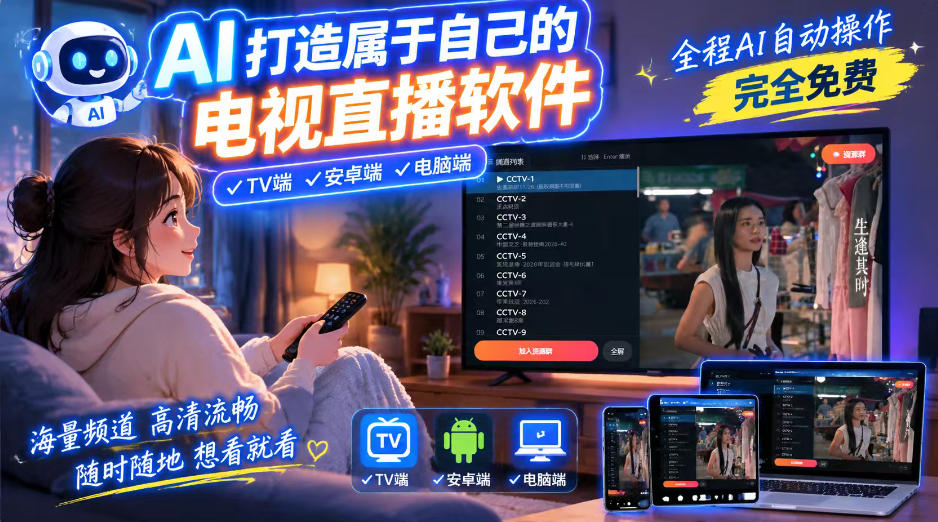 一个提示词,AI全自动做出电视直播软件,电脑、安卓、电视三端通用,完全免费,画质流畅不卡顿亿创资源网_优质资源分享平台_一站式资源获取亿创资源网 | 优质资源分享平台_一站式资源获取
