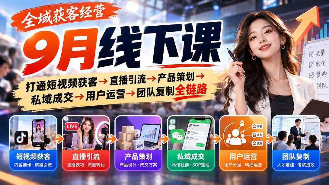 （20777期）全域获客经营9月线下课：打通短视频获客→直播引流→产品策划→私域成交→用户运营→团队复制全链路亿创资源网_优质资源分享平台_一站式资源获取亿创资源网 | 优质资源分享平台_一站式资源获取