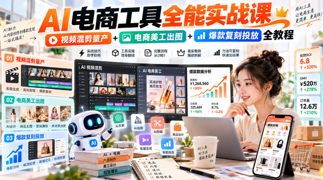 AI电商工具全能实战教学，视频混剪量产+电商美工出图+爆款复刻投放全教程亿创资源网_优质资源分享平台_一站式资源获取亿创资源网 | 优质资源分享平台_一站式资源获取
