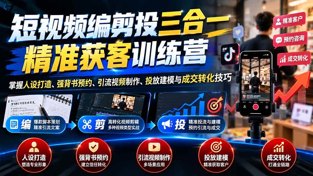 （20910期）短视频编剪投三合一精准获客训练营：掌握人设打造、强背书预约、引流视频制作、投放建模与成交转化技巧亿创资源网_优质资源分享平台_一站式资源获取亿创资源网 | 优质资源分享平台_一站式资源获取