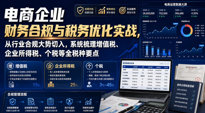 电商企业财务合规与税务优化实战，从行业合规大势切入，系统梳理增值税、企业所得税、个税等全税种要点亿创资源网_优质资源分享平台_一站式资源获取亿创资源网 | 优质资源分享平台_一站式资源获取