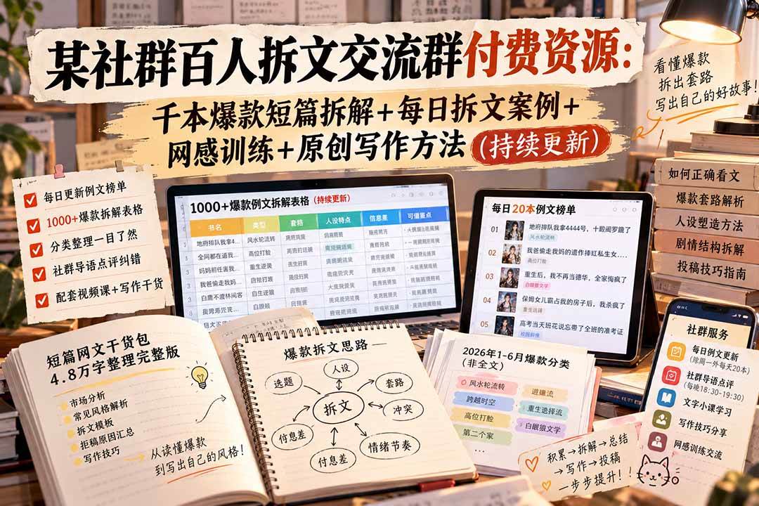 (20635期)某社群百人拆文交流群付费资源:千本爆款短篇拆解+每日拆文案例+网感训练+原创写作方法 (持续更新)亿创资源网_优质资源分享平台_一站式资源获取亿创资源网 | 优质资源分享平台_一站式资源获取