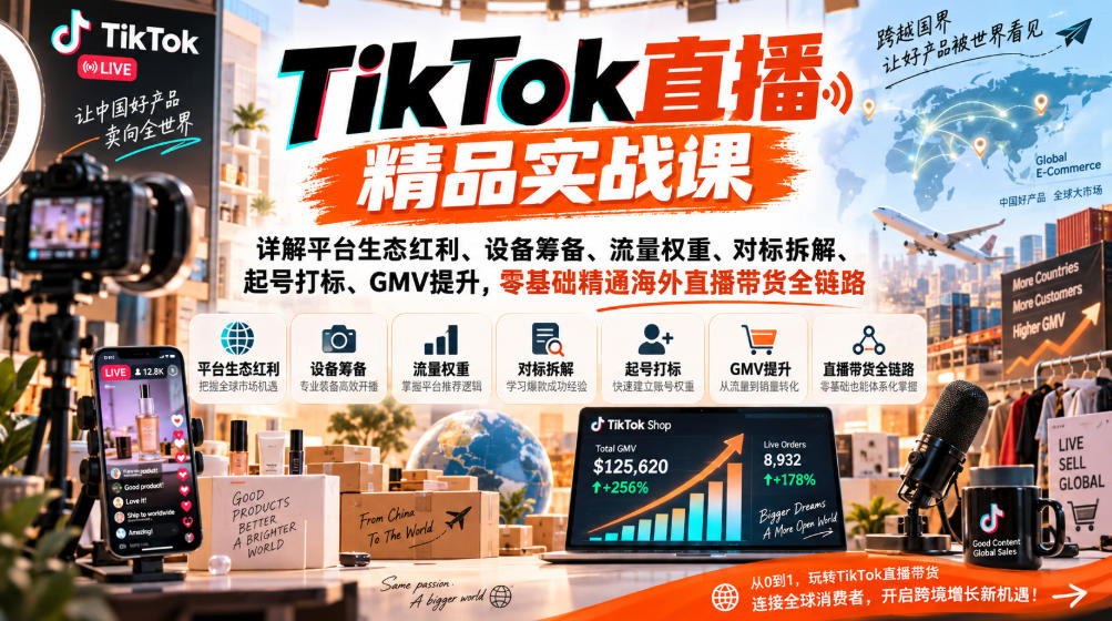 TikTok直播精品实战课，详解平台生态红利、设备筹备、流量权重、对标拆解、起号打标、GMV提升，零基础精通海外直播带货全链路亿创资源网_优质资源分享平台_一站式资源获取亿创资源网 | 优质资源分享平台_一站式资源获取