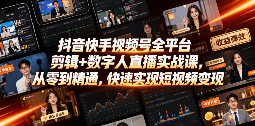 抖音快手视频号全平台剪辑+数字人直播实战课，从零到精通，快速实现短视频变现(更新2026年10月)亿创资源网_优质资源分享平台_一站式资源获取亿创资源网 | 优质资源分享平台_一站式资源获取
