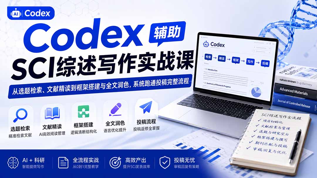 Codex辅助SCI综述写作实战课——从选题检索、文献精读到框架搭建与全文润色,系统跑通投稿完整流程亿创资源网_优质资源分享平台_一站式资源获取亿创资源网 | 优质资源分享平台_一站式资源获取