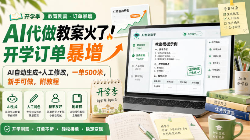 AI代做教案火了!开学订单暴增,AI自动生成+人工修改,一单500米,新手可做,附教程【揭秘】亿创资源网_优质资源分享平台_一站式资源获取亿创资源网 | 优质资源分享平台_一站式资源获取