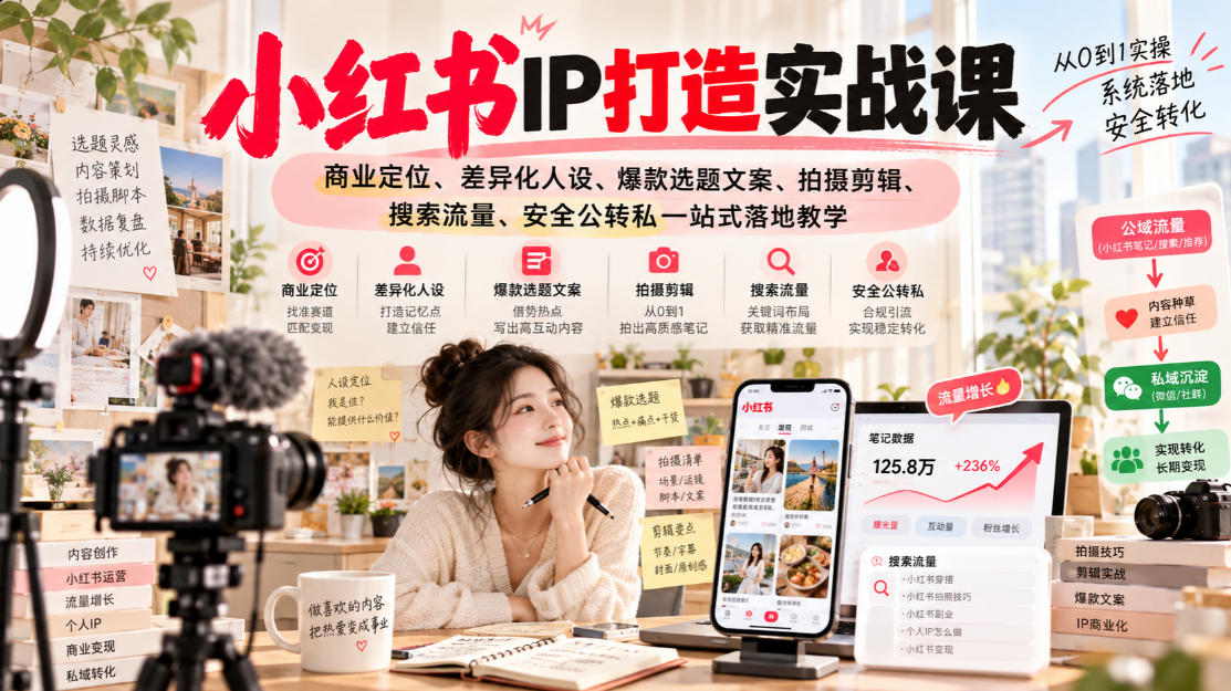 小红书ip打造实战课，商业定位、差异化人设、爆款选题文案、拍摄剪辑、搜索流量、安全公转私一站式落地教学亿创资源网_优质资源分享平台_一站式资源获取亿创资源网 | 优质资源分享平台_一站式资源获取