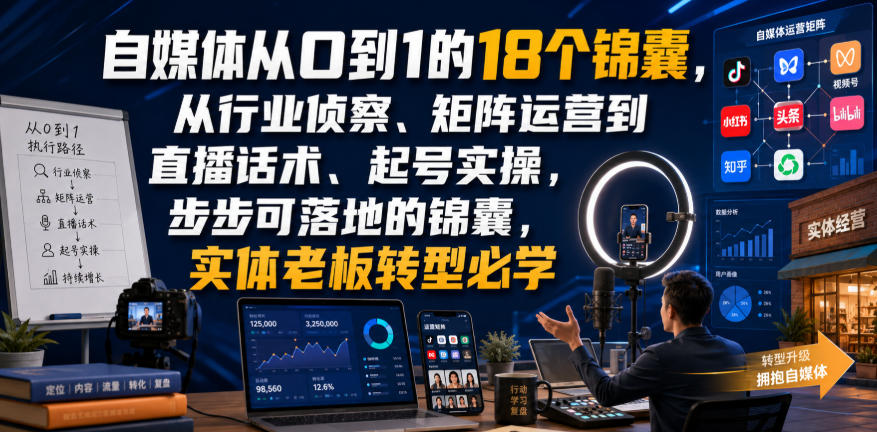 自媒体从0到1的18个锦囊，从行业侦察、矩阵运营到直播话术、起号实操，步步可落地的锦囊，实体老板转型必学亿创资源网_优质资源分享平台_一站式资源获取亿创资源网 | 优质资源分享平台_一站式资源获取