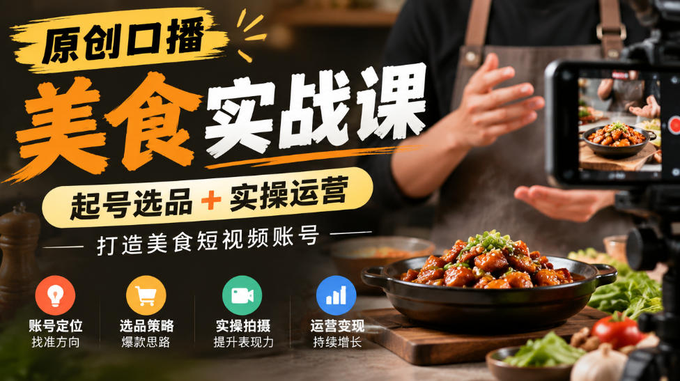 原创口播美食实战课，起号选品+实操运营，打造美食短视频账号亿创资源网_优质资源分享平台_一站式资源获取亿创资源网 | 优质资源分享平台_一站式资源获取