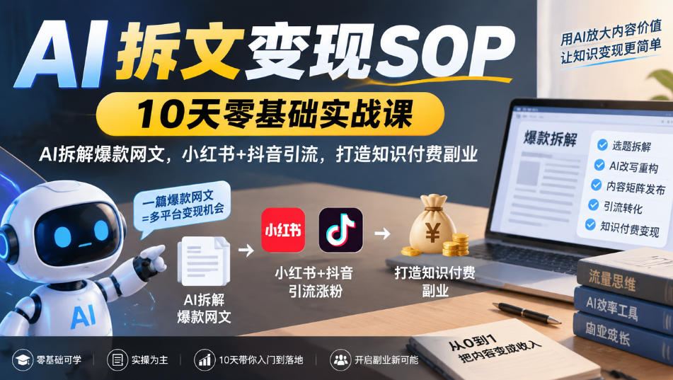 AI拆文变现SOP|10天零基础实战课,AI拆解爆款网文,小红书+抖音引流,打造知识付费副业亿创资源网_优质资源分享平台_一站式资源获取亿创资源网 | 优质资源分享平台_一站式资源获取