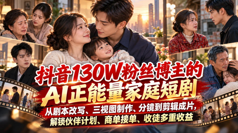 抖音130W粉丝博主的AI正能量家庭短剧,从剧本改写、三视图制作、分镜到剪辑成片,解锁伙伴计划、商单接单、收徒多重收益亿创资源网_优质资源分享平台_一站式资源获取亿创资源网 | 优质资源分享平台_一站式资源获取