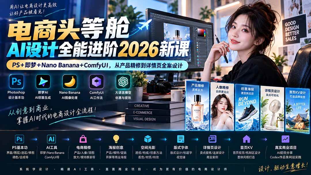 （20284期）电商头等舱AI设计全能进阶2026新课：PS+即梦+Nano Banana+ComfyUI，从产品精修到详情页全案设计亿创资源网_优质资源分享平台_一站式资源获取亿创资源网 | 优质资源分享平台_一站式资源获取