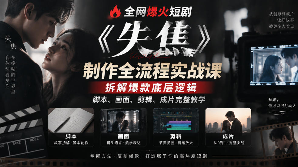 全网爆火短剧《失焦》制作全流程实战课|拆解爆款底层逻辑,脚本、画面、剪辑、成片完整教学亿创资源网_优质资源分享平台_一站式资源获取亿创资源网 | 优质资源分享平台_一站式资源获取