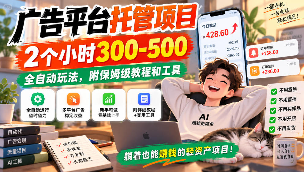 广告平台托管项目，2个小时300-500，全自动玩法，附保姆级教程和工具，小白照着就能做【揭秘】亿创资源网_优质资源分享平台_一站式资源获取亿创资源网 | 优质资源分享平台_一站式资源获取