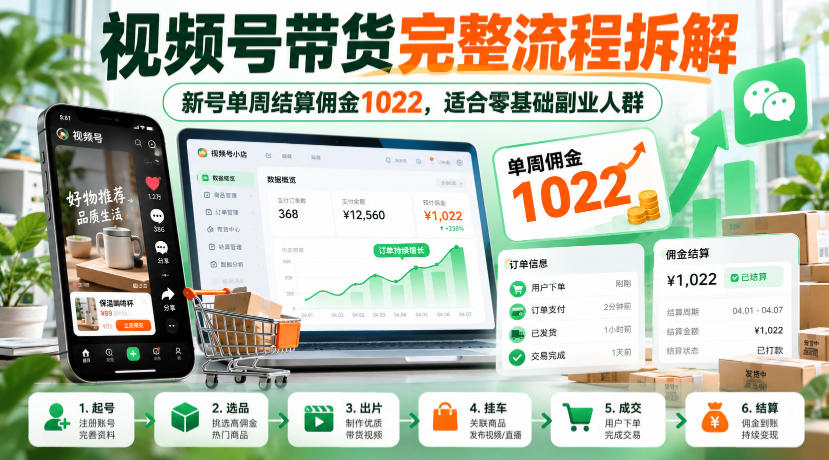 视频号带货完整流程拆解，新号单周结算佣金1022，适合零基础副业人群亿创资源网_优质资源分享平台_一站式资源获取亿创资源网 | 优质资源分享平台_一站式资源获取