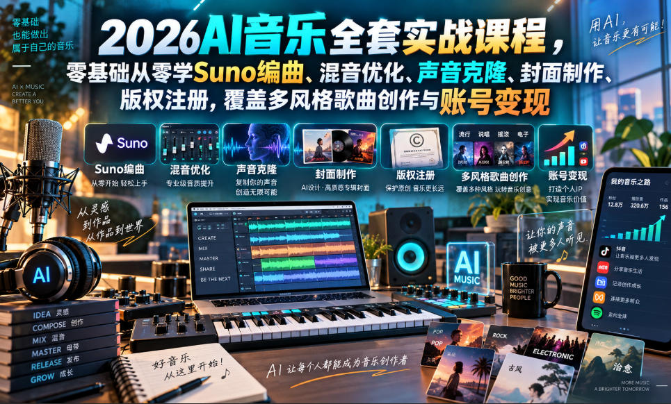 2026AI音乐实战课程，零基础从零学Suno编曲、混音优化、声音克隆、版权注册，覆盖多风格歌曲创作与账号变现亿创资源网_优质资源分享平台_一站式资源获取亿创资源网 | 优质资源分享平台_一站式资源获取