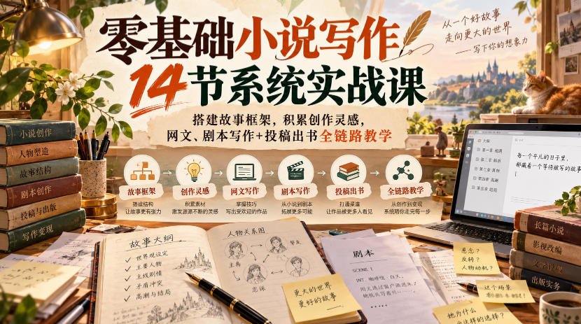 零基础小说写作14节系统实战课,搭建故事框架,积累创作灵感,网文、剧本写作+投稿出书全链路教学亿创资源网_优质资源分享平台_一站式资源获取亿创资源网 | 优质资源分享平台_一站式资源获取