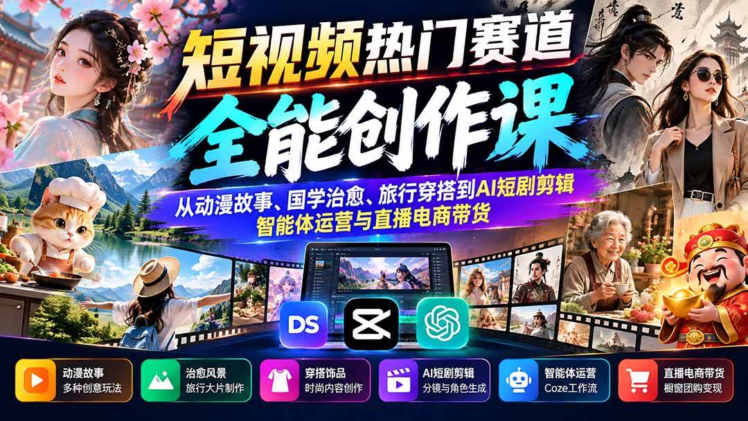 （20956期）短视频热门赛道全能创作课：从动漫故事、国学治愈、旅行穿搭到AI短剧剪辑、智能体运营与直播电商带货亿创资源网_优质资源分享平台_一站式资源获取亿创资源网 | 优质资源分享平台_一站式资源获取
