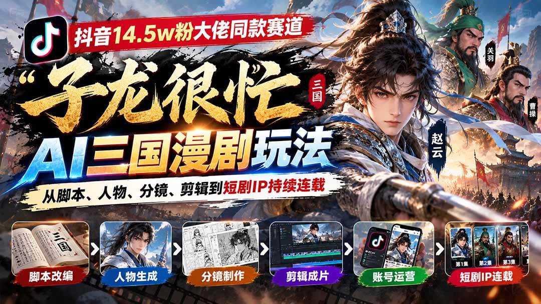（20818期）抖音14.5w粉大佬同款赛道「子龙很忙」AI三国漫剧玩法：从脚本、人物、分镜、剪辑到短剧IP持续连载亿创资源网_优质资源分享平台_一站式资源获取亿创资源网 | 优质资源分享平台_一站式资源获取
