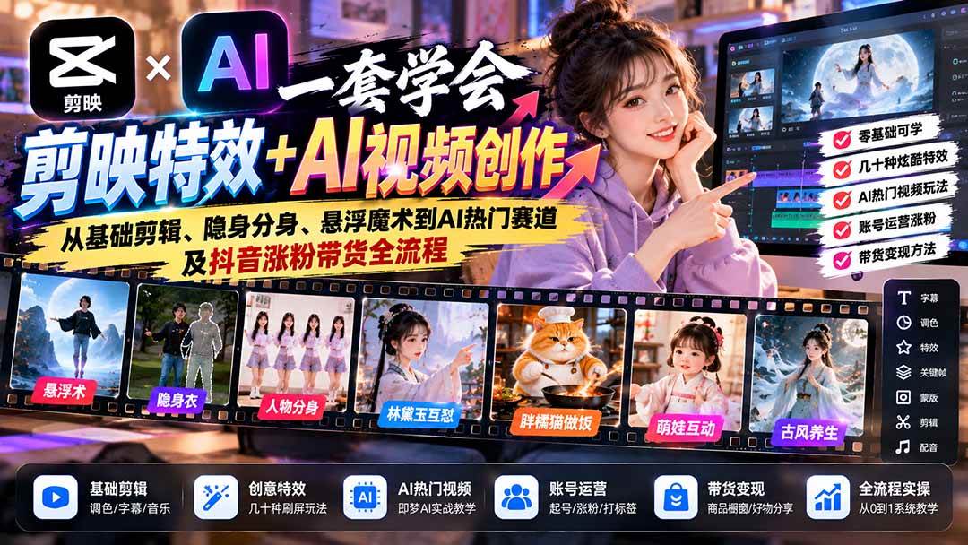 (20999期)一套学会剪映特效+AI视频创作:从基础剪辑、隐身分身、悬浮魔术到AI热门赛道及抖音涨粉带货全流程亿创资源网_优质资源分享平台_一站式资源获取亿创资源网 | 优质资源分享平台_一站式资源获取