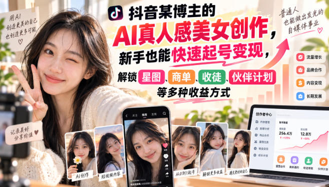 抖音某博主的AI真人感美女创作,新手也能快速起号变现,解锁星图,商单,收徒,伙伴计划等多种收益方式亿创资源网_优质资源分享平台_一站式资源获取亿创资源网 | 优质资源分享平台_一站式资源获取
