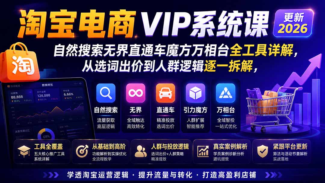 淘宝电商VIP系统课-更新8月；自然搜索无界直通车魔方万相台全工具详解，从选词出价到人群逻辑逐一拆解 - 第1张