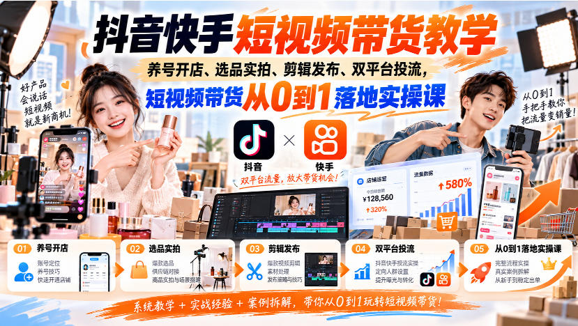 抖音快手短视频带货教学｜养号开店、选品实拍、剪辑发布、双平台投流，短视频带货从0到1落地实操课亿创资源网_优质资源分享平台_一站式资源获取亿创资源网 | 优质资源分享平台_一站式资源获取