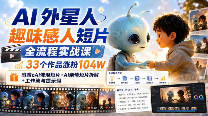 AI外星人趣味感人短片全流程实战课,33个作品涨粉104W,附赠AI催泪短片+AI亲情短片拆解+工作流与提示词亿创资源网_优质资源分享平台_一站式资源获取亿创资源网 | 优质资源分享平台_一站式资源获取