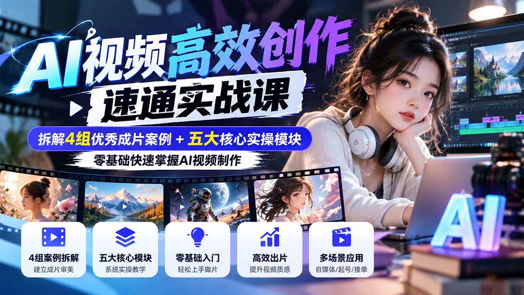 （20819期）【无水印】AI视频高效创作速通实战课：拆解4组优秀成片案例+五大核心实操模块，零基础快速掌握AI视频制作亿创资源网_优质资源分享平台_一站式资源获取亿创资源网 | 优质资源分享平台_一站式资源获取
