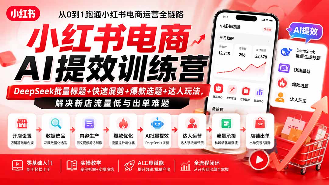 小红书电商AI提效训练营—DeepSeek批量标题+快速混剪+爆款选题+达人玩法,解决新店流量低与出单难题亿创资源网_优质资源分享平台_一站式资源获取亿创资源网 | 优质资源分享平台_一站式资源获取