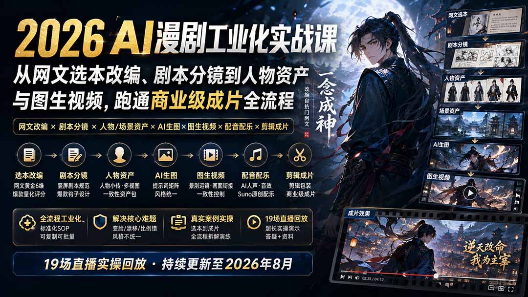 2026 AI漫剧工业化实战课-更新：从网文选本改编、剧本分镜到人物资产与图生视频，跑通商业级成片全流程亿创资源网_优质资源分享平台_一站式资源获取亿创资源网 | 优质资源分享平台_一站式资源获取