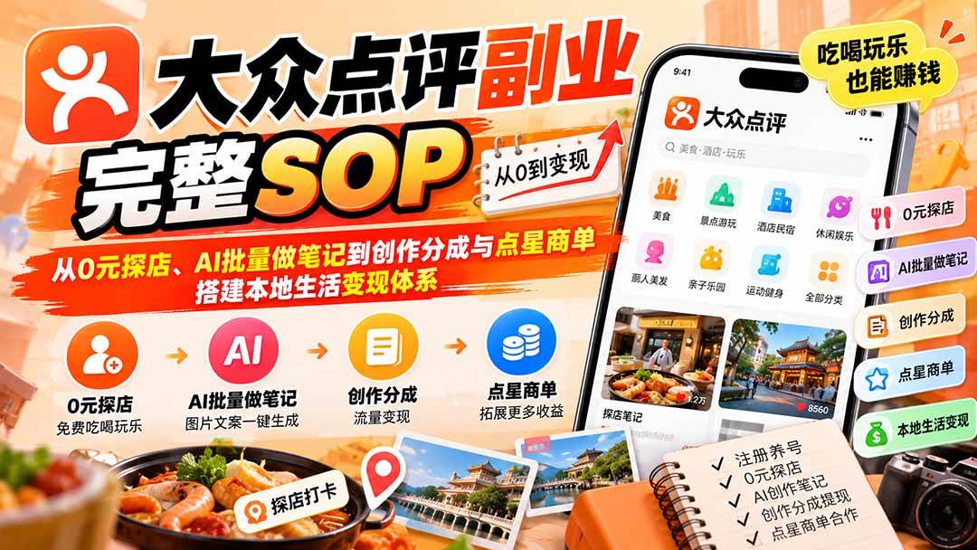 (20638期)【无水印】大众点评副业完整SOP:从0元探店、AI批量做笔记到创作分成与点星商单,搭建本地生活变现体系亿创资源网_优质资源分享平台_一站式资源获取亿创资源网 | 优质资源分享平台_一站式资源获取