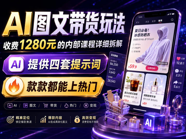 AI图文带货内部玩法,1280内部课程对外系统拆解,看完直接上手变现!亿创资源网_优质资源分享平台_一站式资源获取亿创资源网 | 优质资源分享平台_一站式资源获取