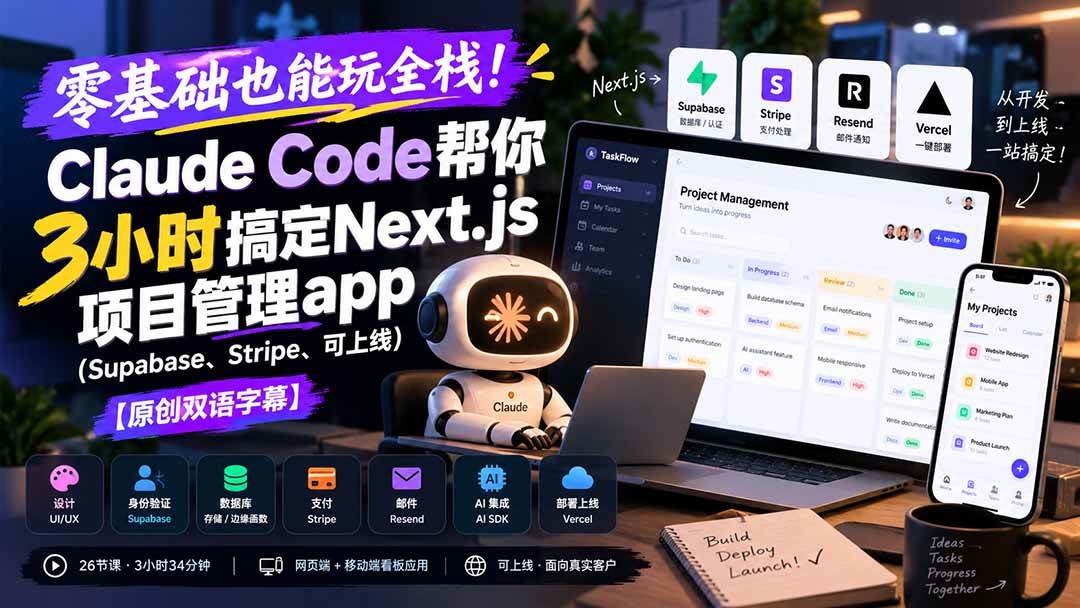 (20907期)零基础也能玩全栈!Claude Code帮你3小时搞定Next.js项目管理app(Supabase、Stripe、可上线)【原创双语字幕】亿创资源网_优质资源分享平台_一站式资源获取亿创资源网 | 优质资源分享平台_一站式资源获取